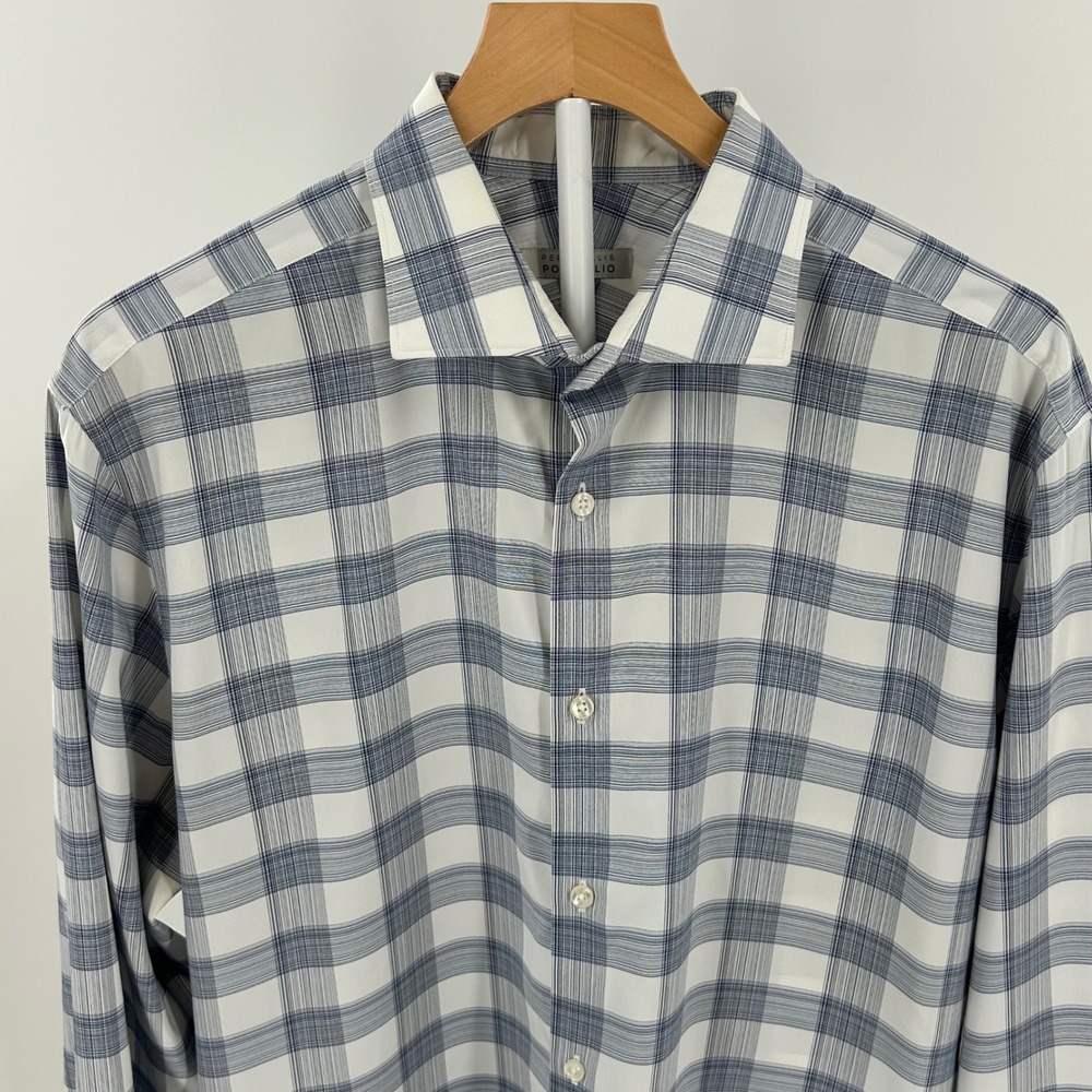 Perry Ellis Portfolio Mens Blue White Plaid Stretch Dress Shirt 16.5 34/35 L
